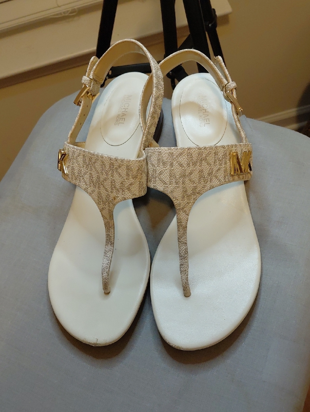 Michael Kors Beige/Tan Logo Thong Sandals with Gold MK Accent